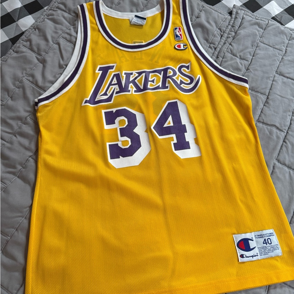 Champion Lakers #34 Gold and Purple Basketball Jersey